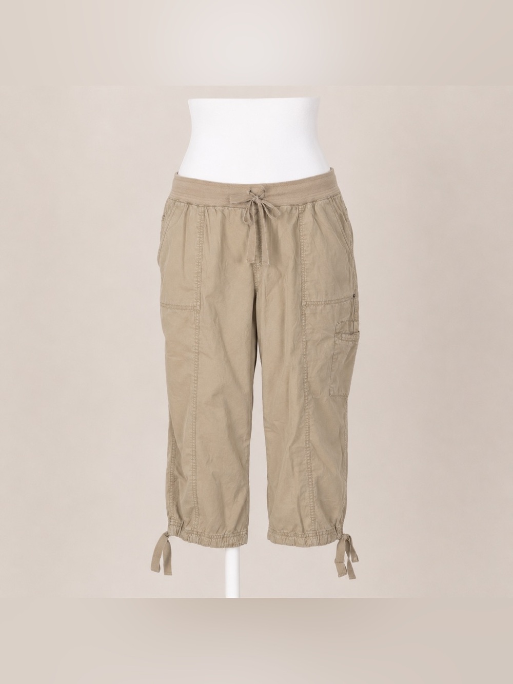 Essentials Tan Cargo Capri Pants Drawstring Utility Casual Size 26